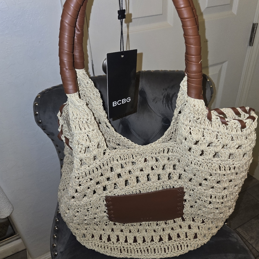 BCBG Generation Tan and Brown Raffia Tote Bag NEW - Picture 13 of 15